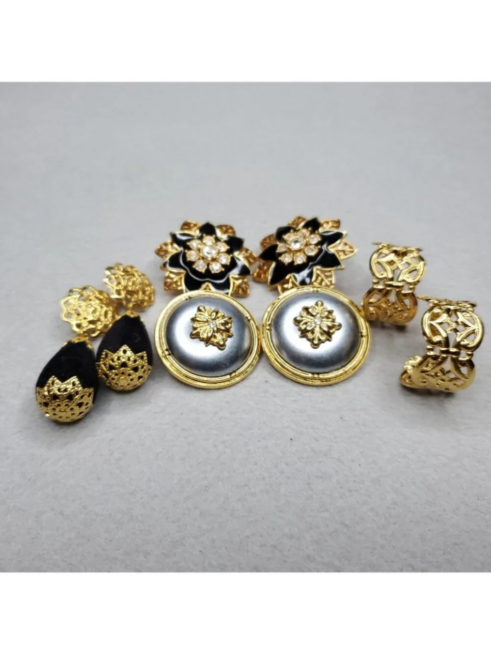 Vintage Clip On Earring Lot Statement Gold Tone Black Gray Enamel 4pr READ